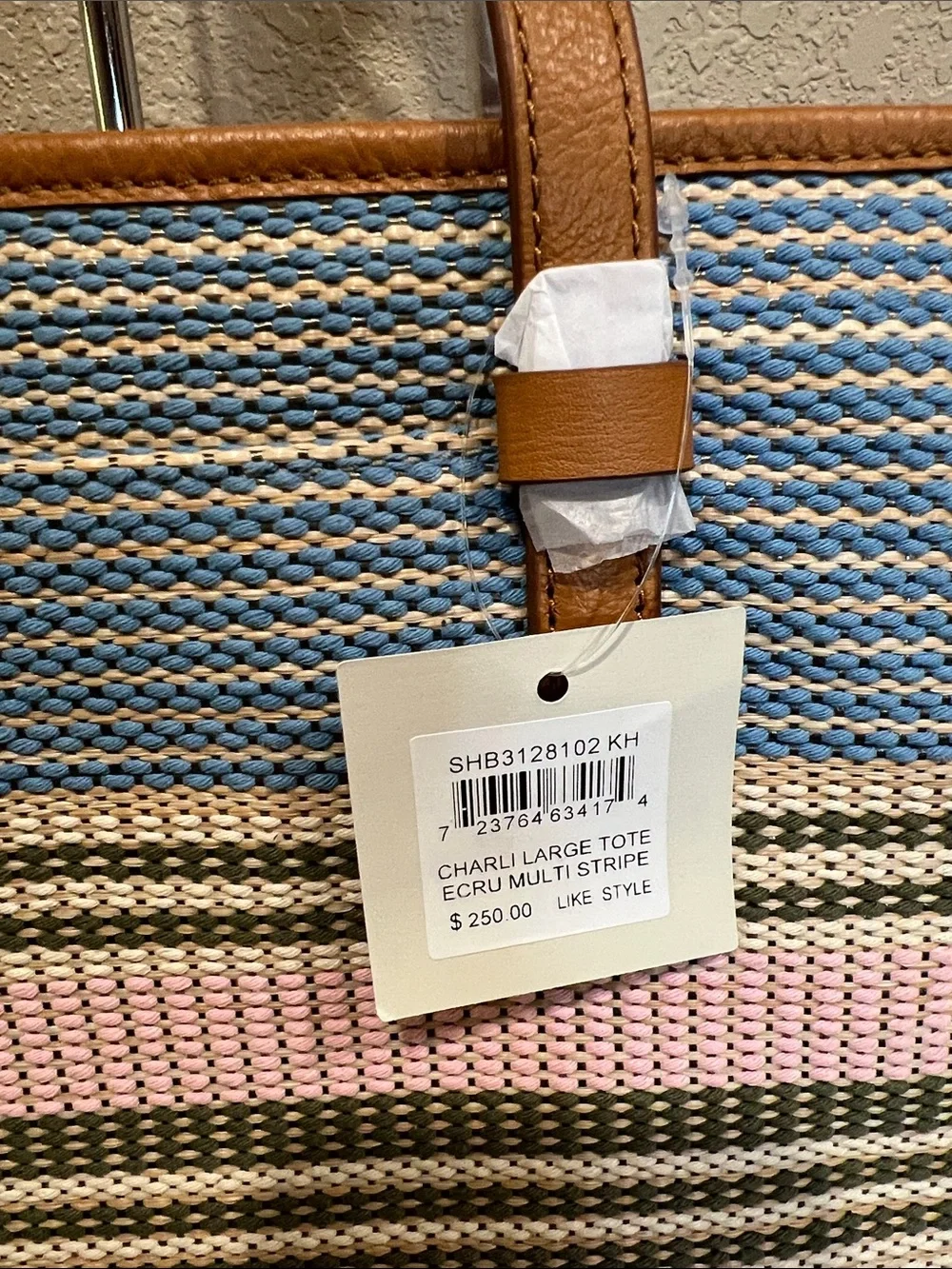 Fossil Blue, Pink & Tan Striped Woven Tote Charlie large tote